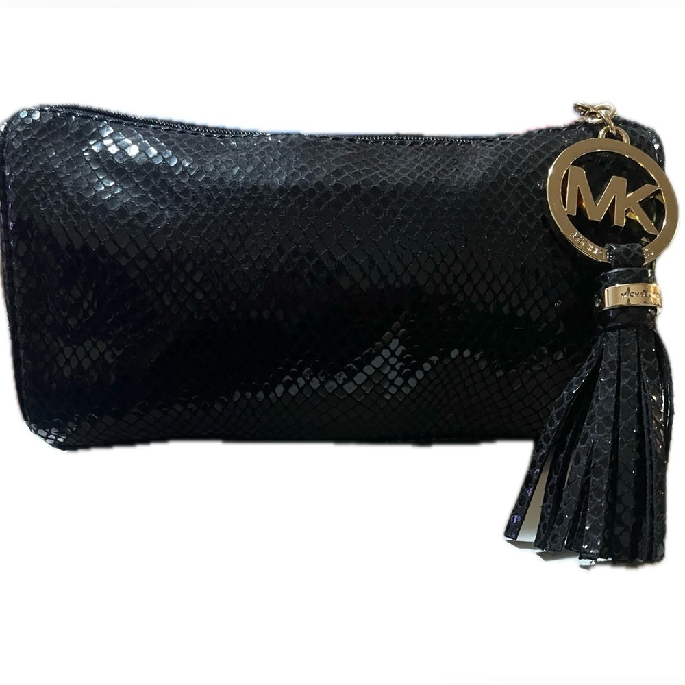 Michael Kors Black Textured Faux Snakeskin Clutch with Tassel & Charm